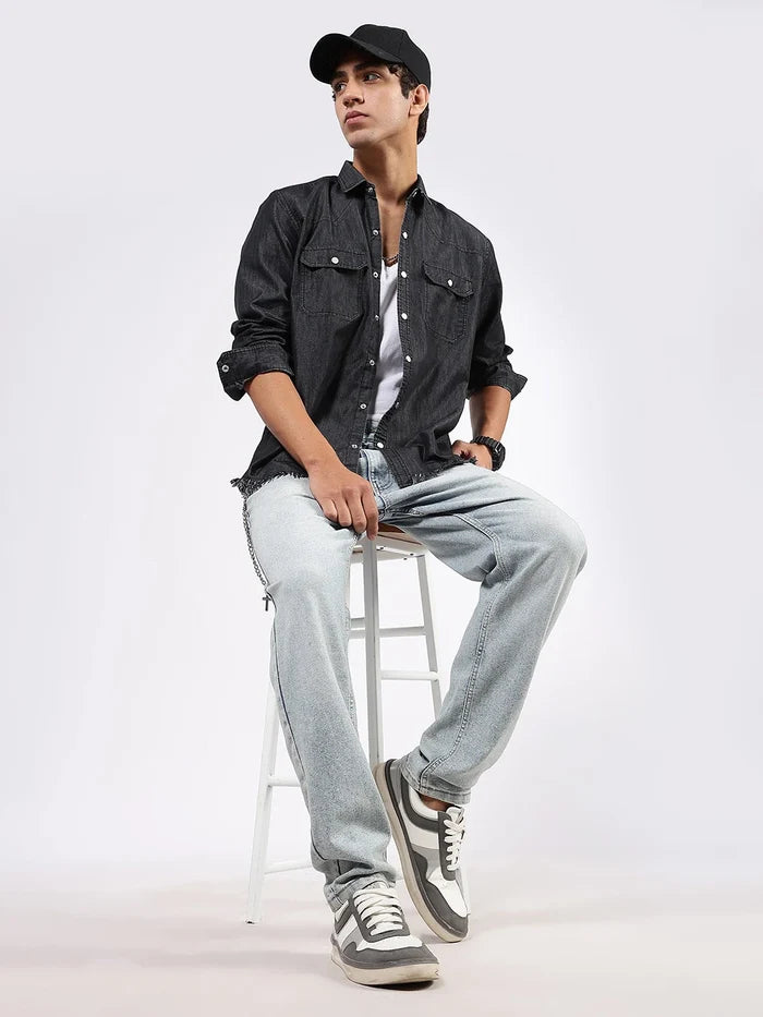 House Of Koala Black Raw Edge Oversized Relaxed Fit Full Sleeve Spread Collar Premium Denim Shirt