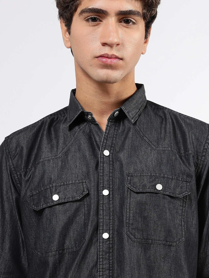 House Of Koala Black Raw Edge Oversized Relaxed Fit Full Sleeve Spread Collar Premium Denim Shirt