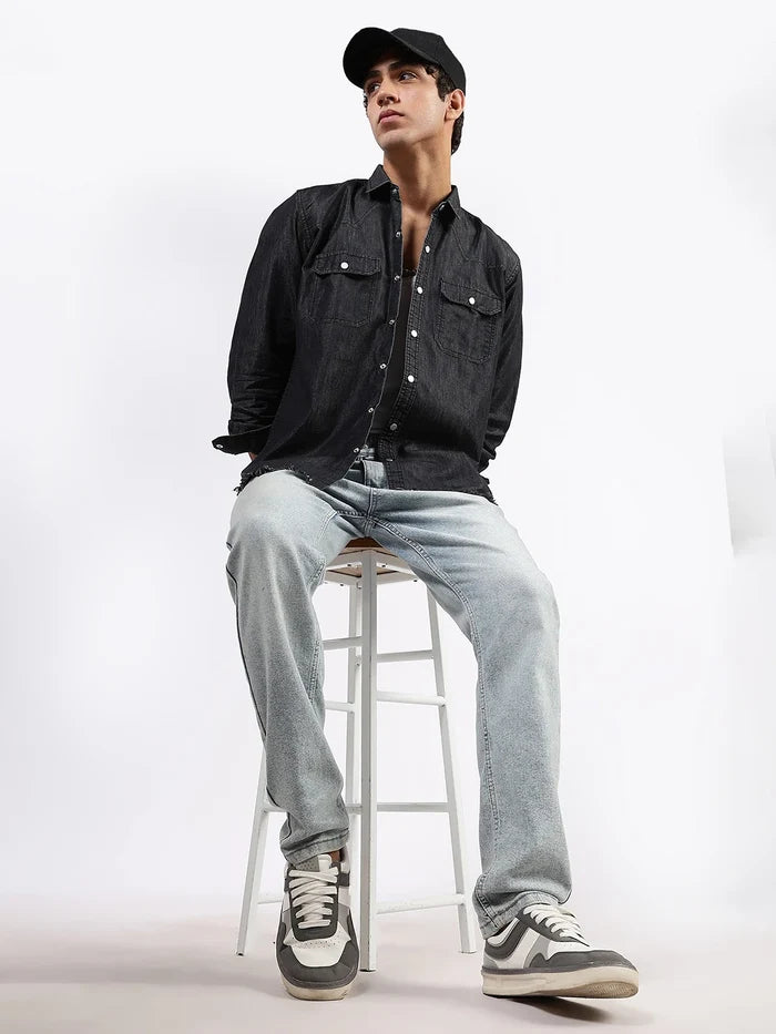 House Of Koala Black Raw Edge Oversized Relaxed Fit Full Sleeve Spread Collar Premium Denim Shirt