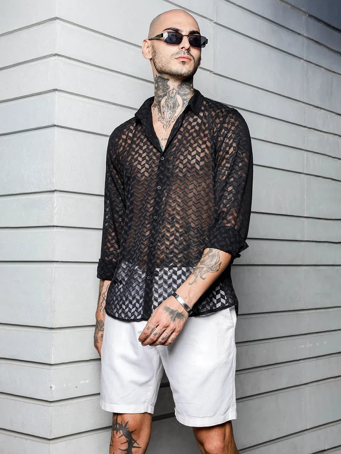 House Of Koala Black Semi Sheer Georgette Relaxed Fit Shirt