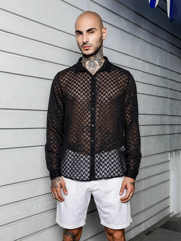 House Of Koala Black Semi Sheer Georgette Relaxed Fit Shirt