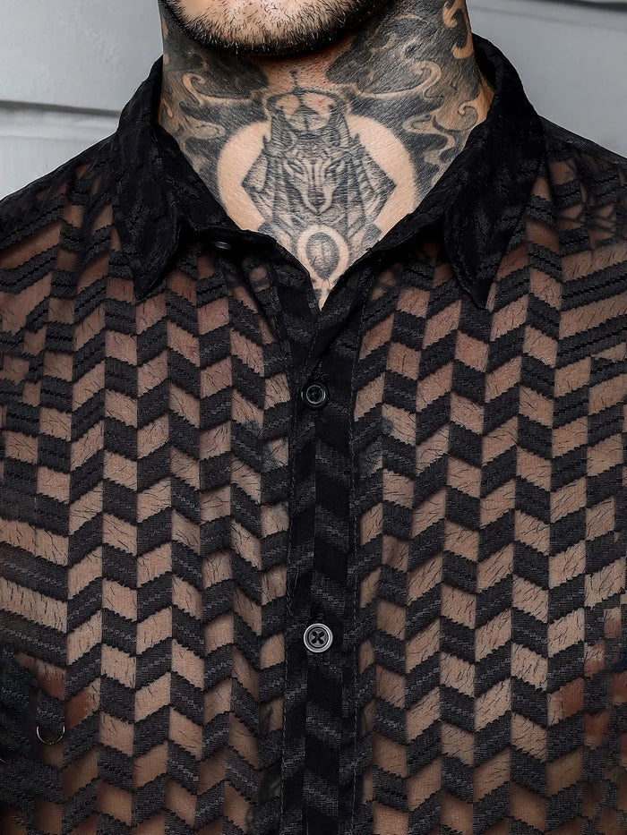 House Of Koala Black Semi Sheer Georgette Relaxed Fit Shirt