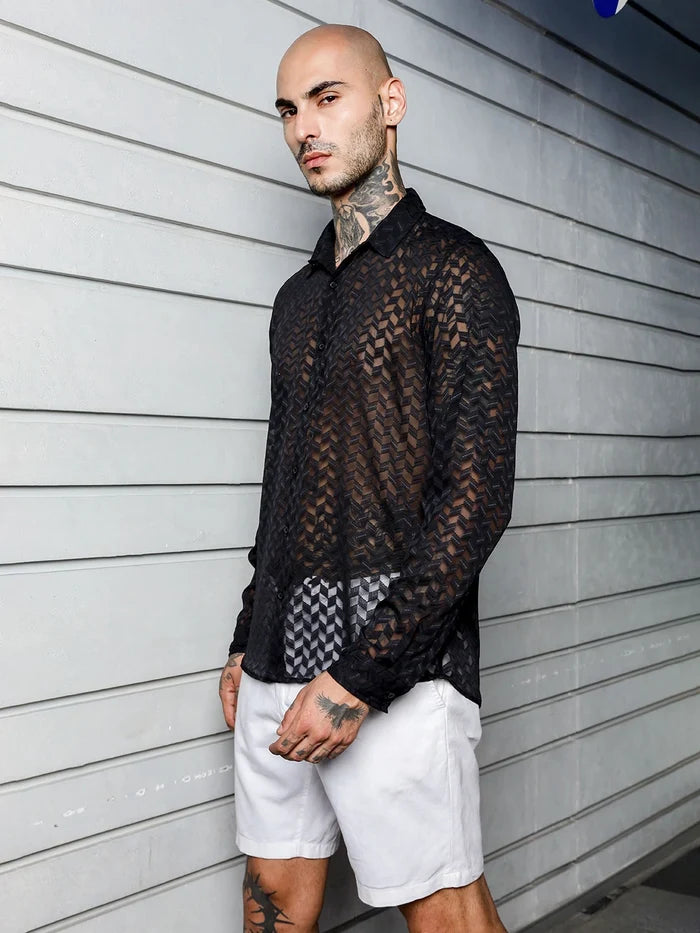 House Of Koala Black Semi Sheer Georgette Relaxed Fit Shirt