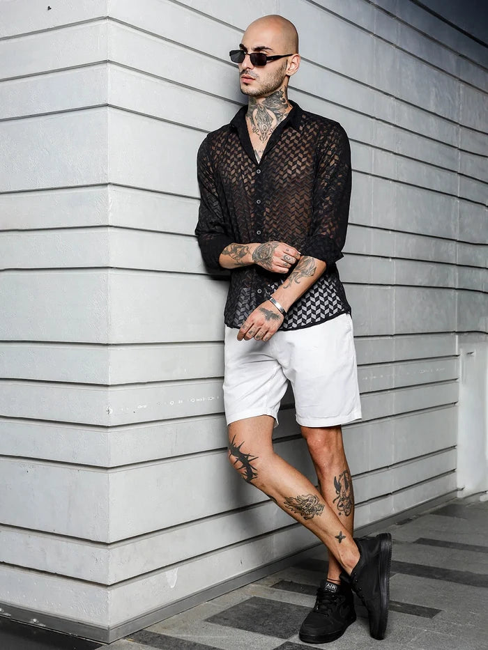 House Of Koala Black Semi Sheer Georgette Relaxed Fit Shirt