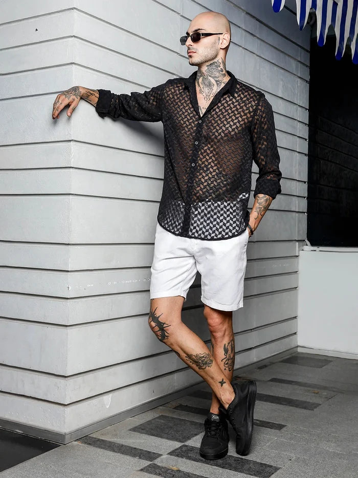 House Of Koala Black Semi Sheer Georgette Relaxed Fit Shirt