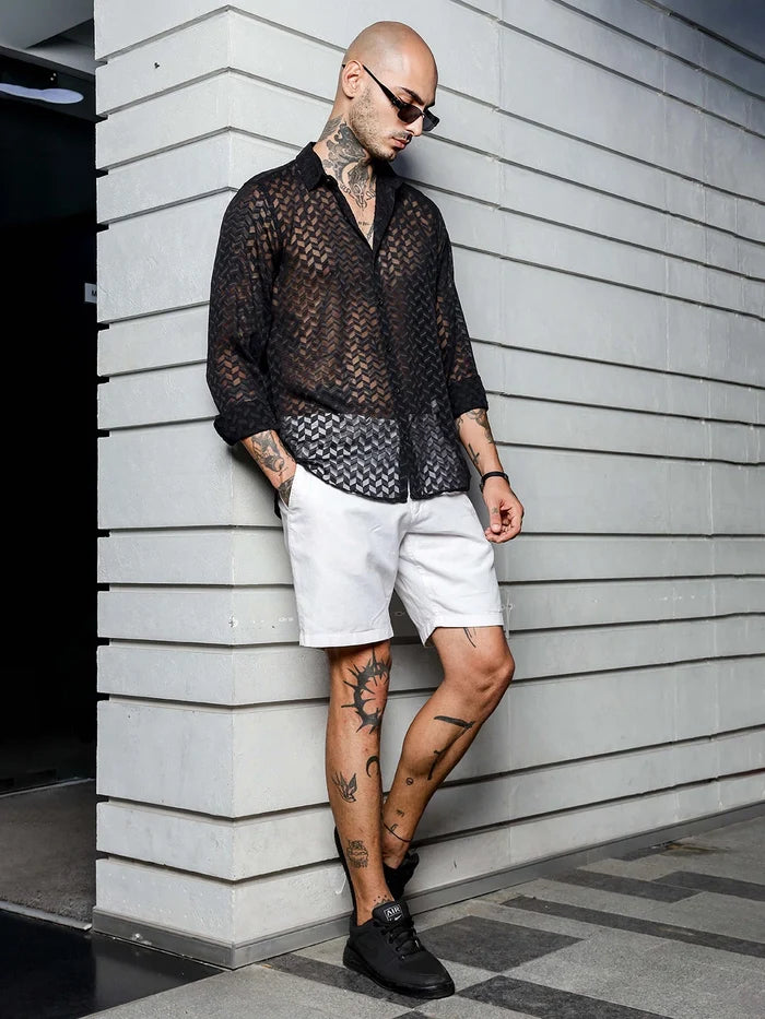 House Of Koala Black Semi Sheer Georgette Relaxed Fit Shirt