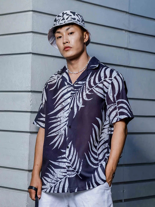 House Of Koala Black Tropical Print Cuban Collar Oversized Resort Shirt