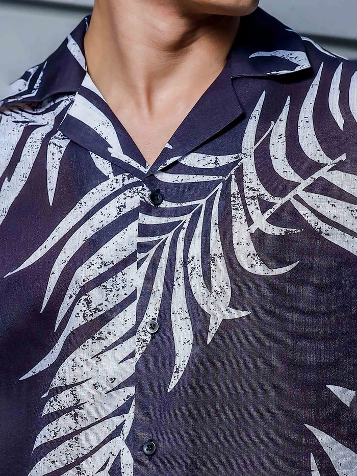 House Of Koala Black Tropical Print Cuban Collar Oversized Resort Shirt