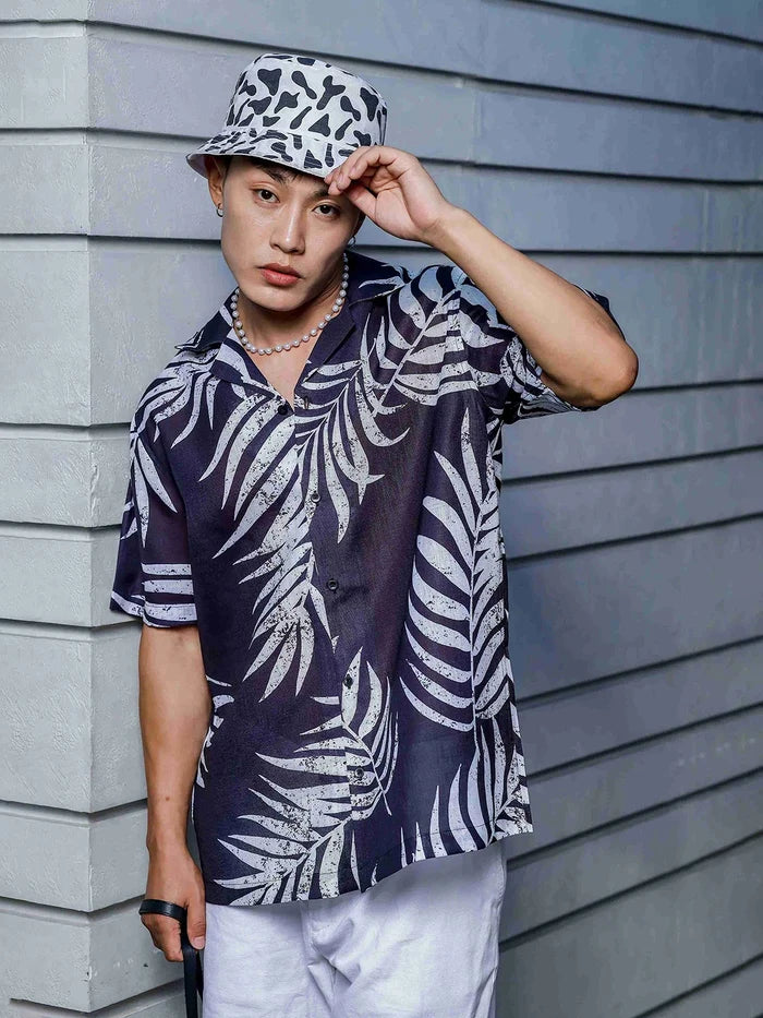 House Of Koala Black Tropical Print Cuban Collar Oversized Resort Shirt