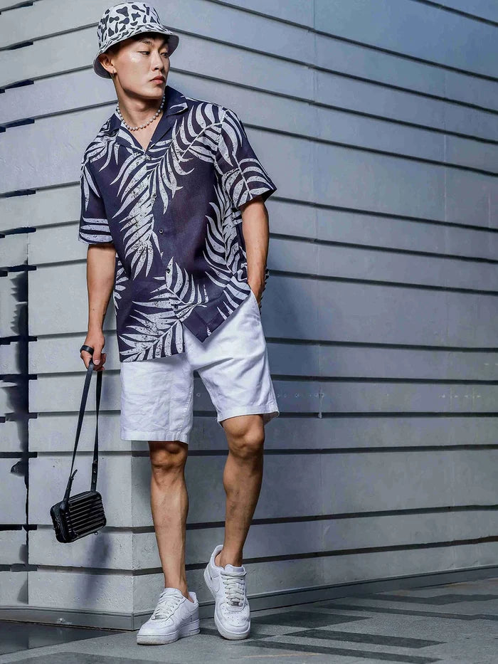 House Of Koala Black Tropical Print Cuban Collar Oversized Resort Shirt