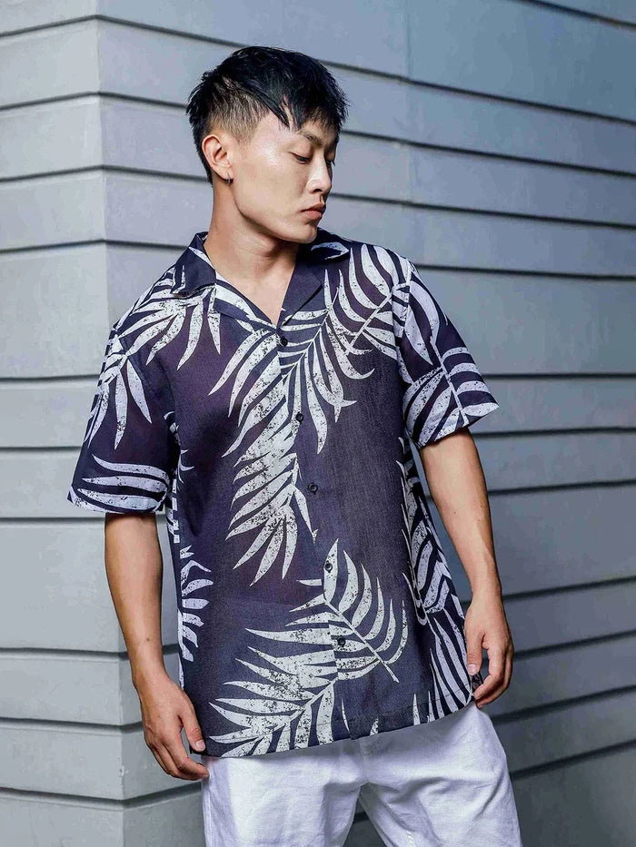 House Of Koala Black Tropical Print Cuban Collar Oversized Resort Shirt