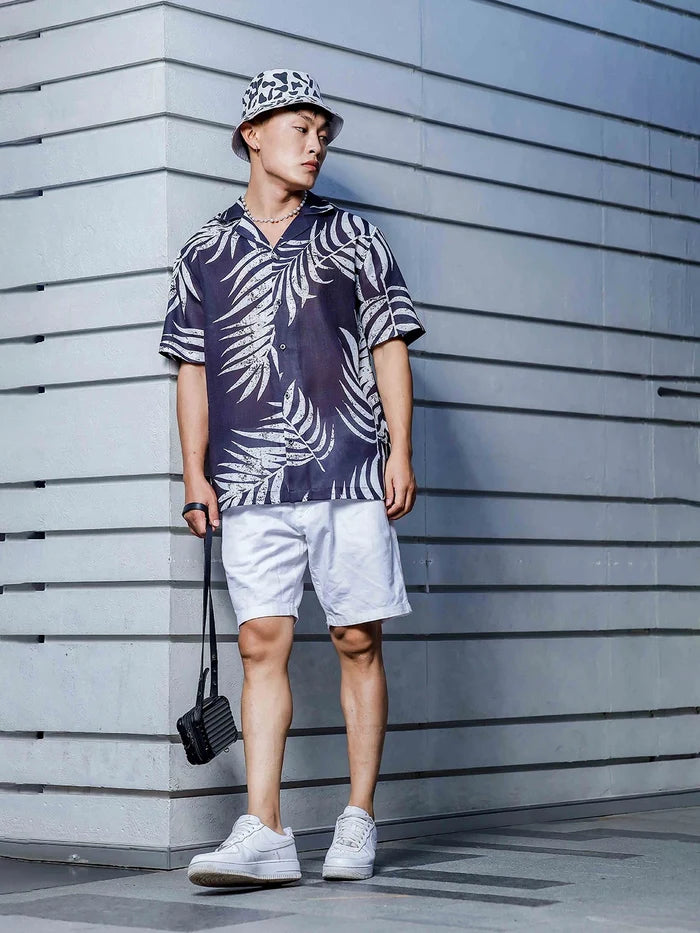 House Of Koala Black Tropical Print Cuban Collar Oversized Resort Shirt