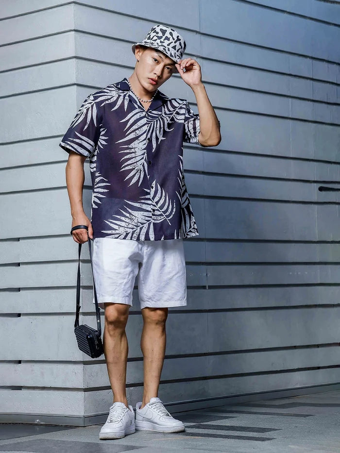 House Of Koala Black Tropical Print Cuban Collar Oversized Resort Shirt