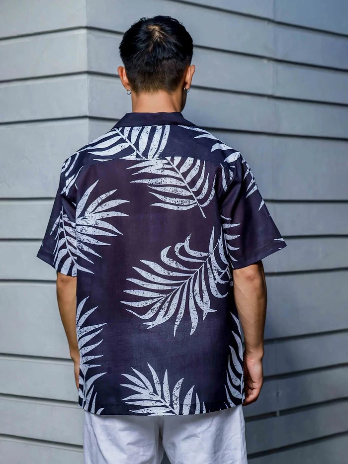 House Of Koala Black Tropical Print Cuban Collar Oversized Resort Shirt