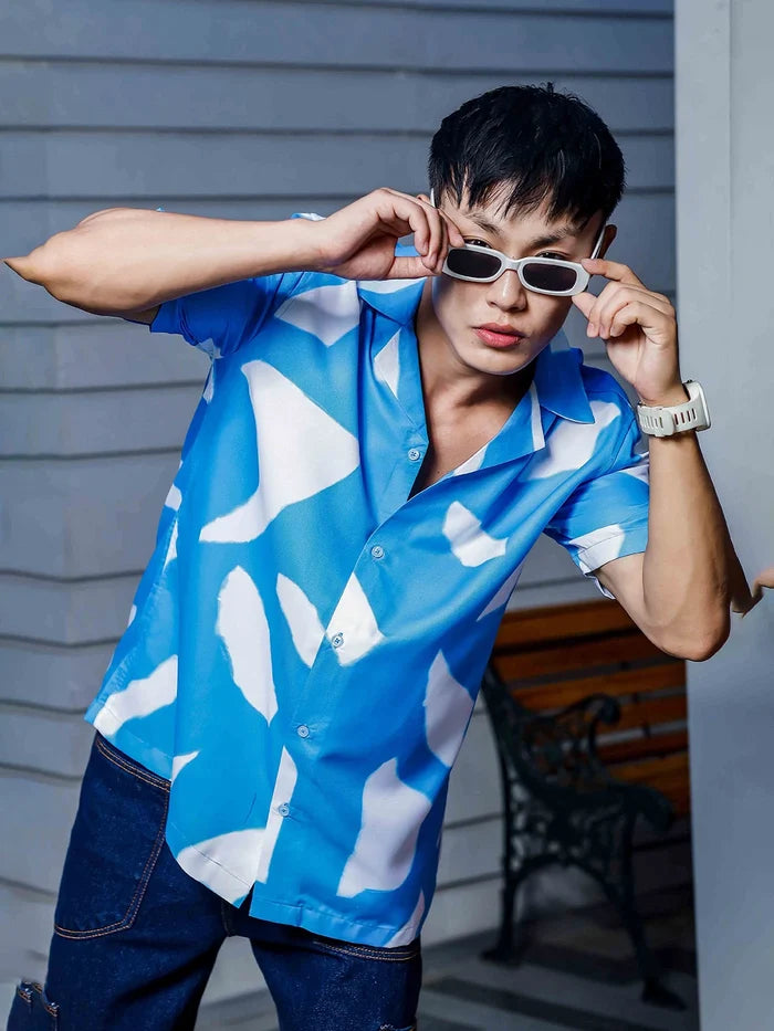 House Of Koala Blue Abstract Print Cuban Collar Oversized Resort Shirt