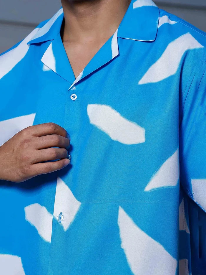 House Of Koala Blue Abstract Print Cuban Collar Oversized Resort Shirt