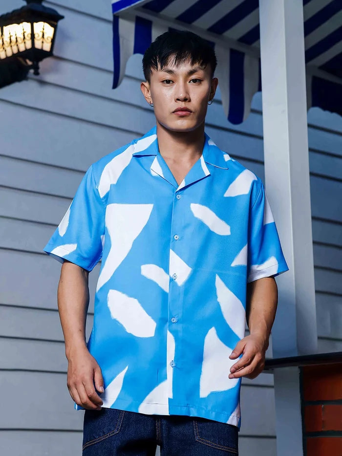 House Of Koala Blue Abstract Print Cuban Collar Oversized Resort Shirt