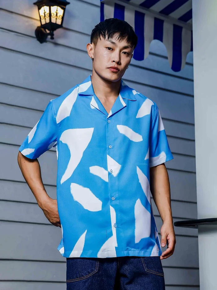 House Of Koala Blue Abstract Print Cuban Collar Oversized Resort Shirt