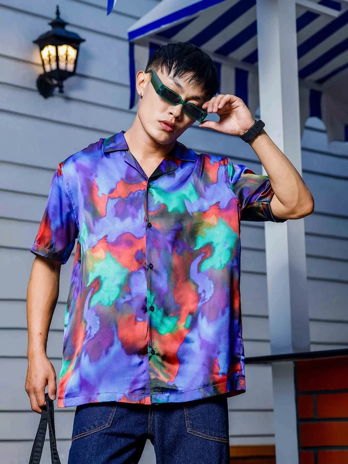 House Of Koala Blue Satin Abstract Print Cuban Collar Oversized Party Wear Shirt