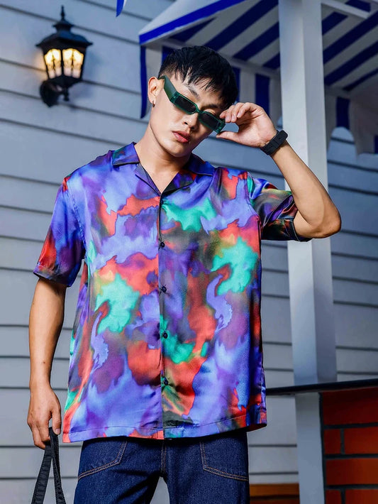 House Of Koala Blue Satin Abstract Print Cuban Collar Oversized Party Wear Shirt