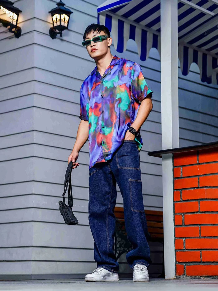House Of Koala Blue Satin Abstract Print Cuban Collar Oversized Party Wear Shirt
