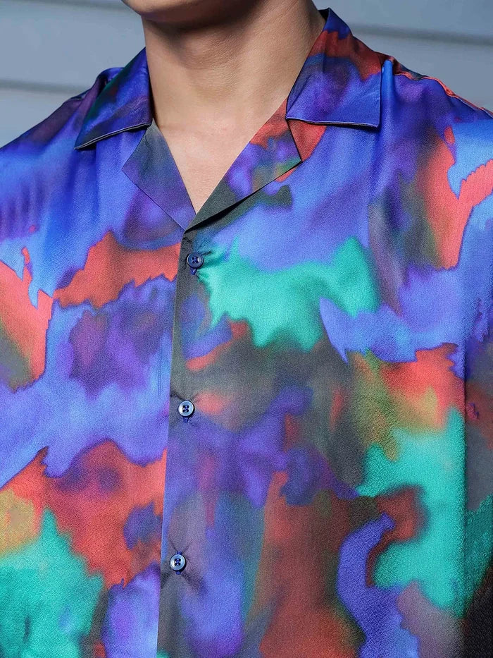 House Of Koala Blue Satin Abstract Print Cuban Collar Oversized Party Wear Shirt