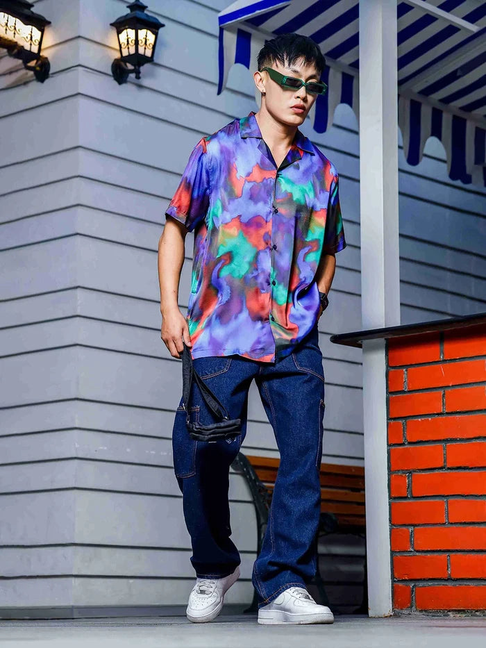 House Of Koala Blue Satin Abstract Print Cuban Collar Oversized Party Wear Shirt