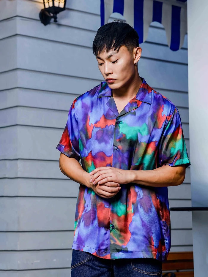 House Of Koala Blue Satin Abstract Print Cuban Collar Oversized Party Wear Shirt