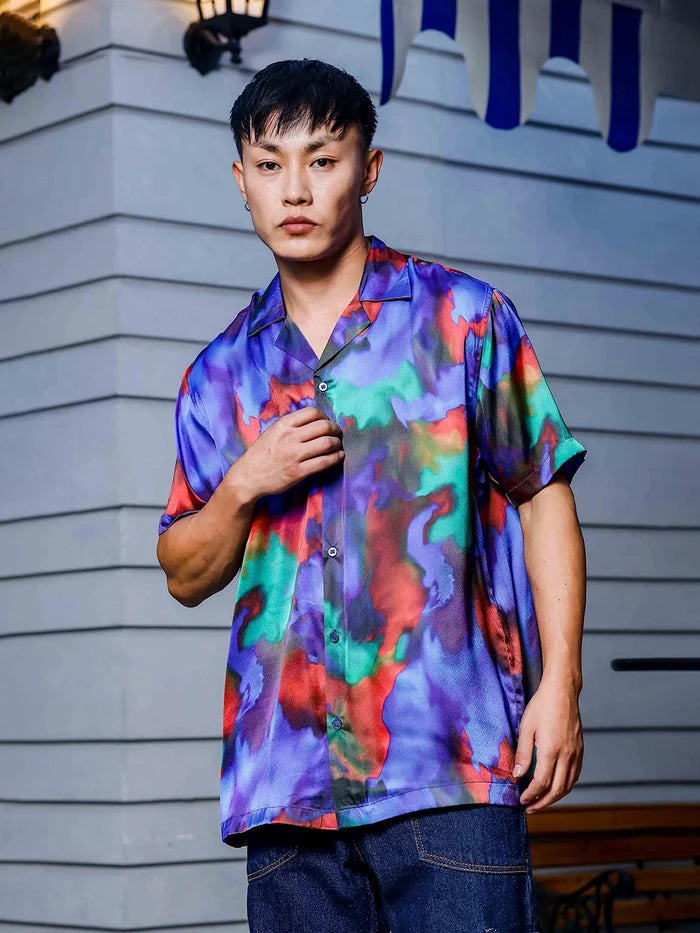 House Of Koala Blue Satin Abstract Print Cuban Collar Oversized Party Wear Shirt