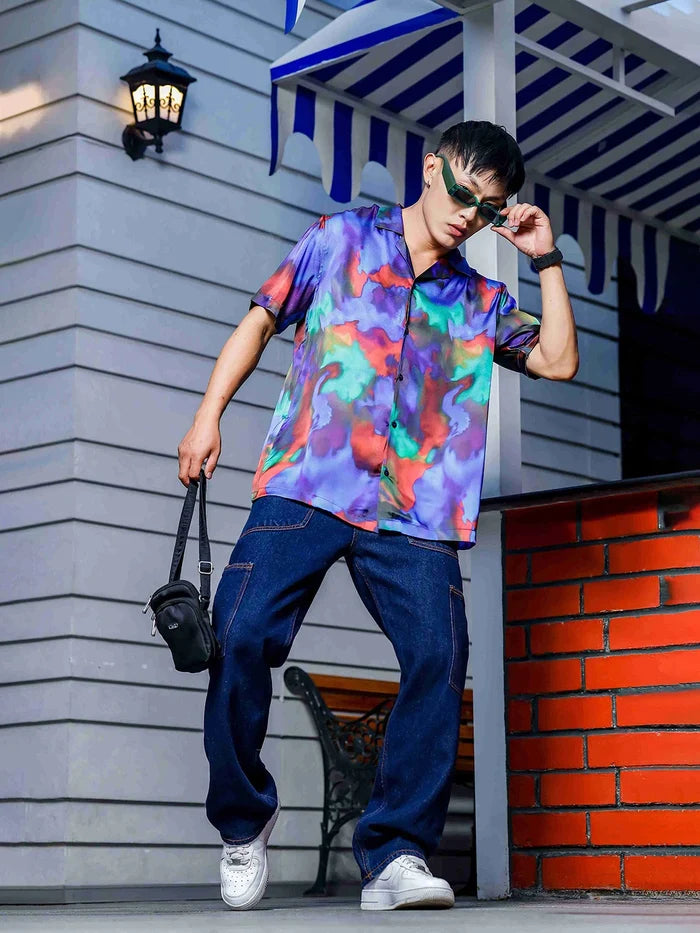 House Of Koala Blue Satin Abstract Print Cuban Collar Oversized Party Wear Shirt