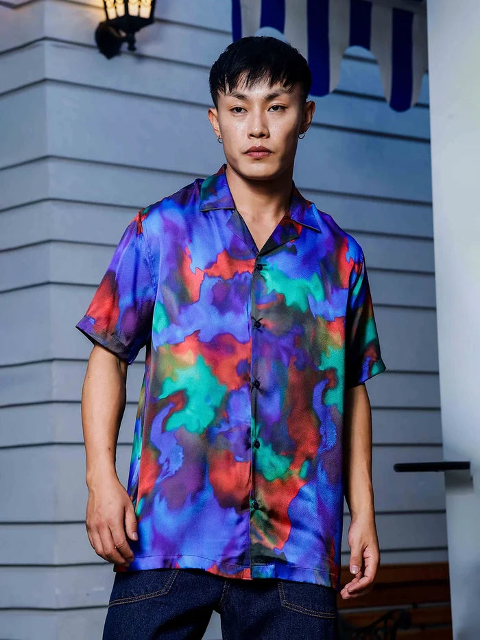 House Of Koala Blue Satin Abstract Print Cuban Collar Oversized Party Wear Shirt