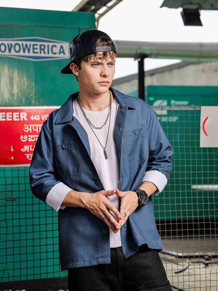 House Of Koala Blue Textured Relaxed Fit Shacket Shirt