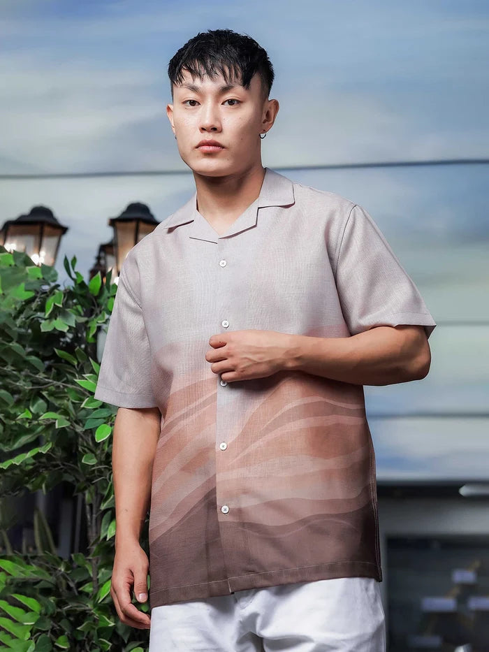 House Of Koala Brown Ombre Cuban Collar Relaxed Fit Linen Blend Resort Shirt