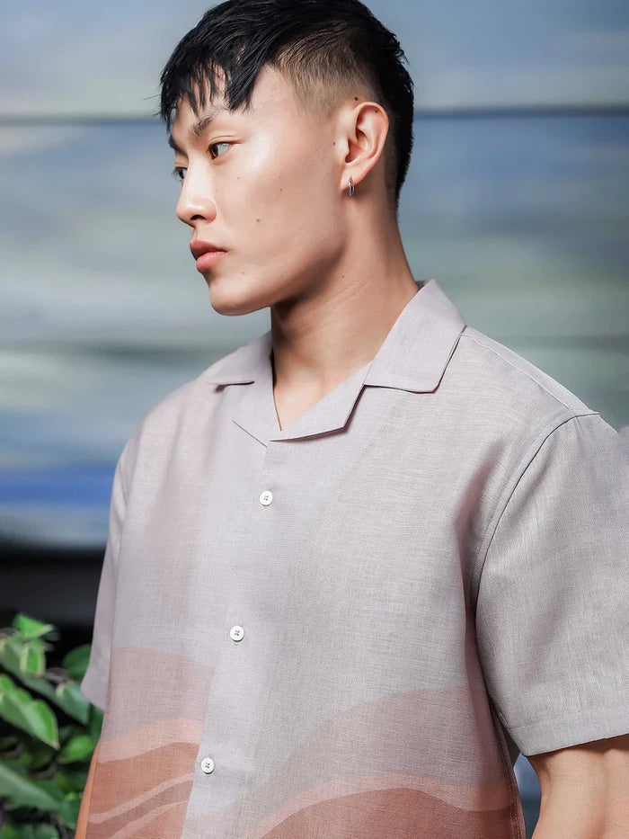 House Of Koala Brown Ombre Cuban Collar Relaxed Fit Linen Blend Resort Shirt