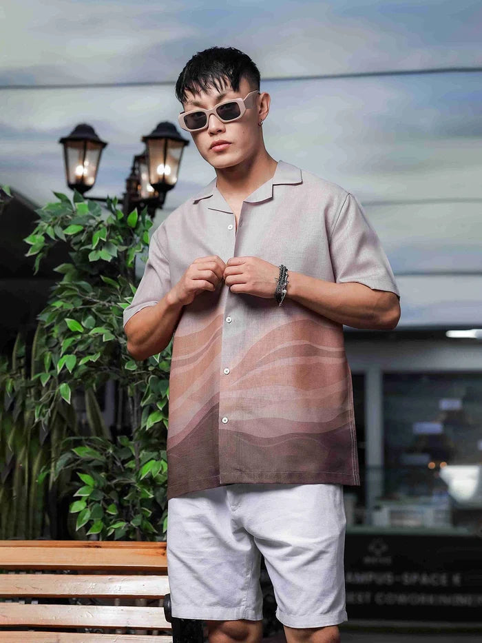 House Of Koala Brown Ombre Cuban Collar Relaxed Fit Linen Blend Resort Shirt