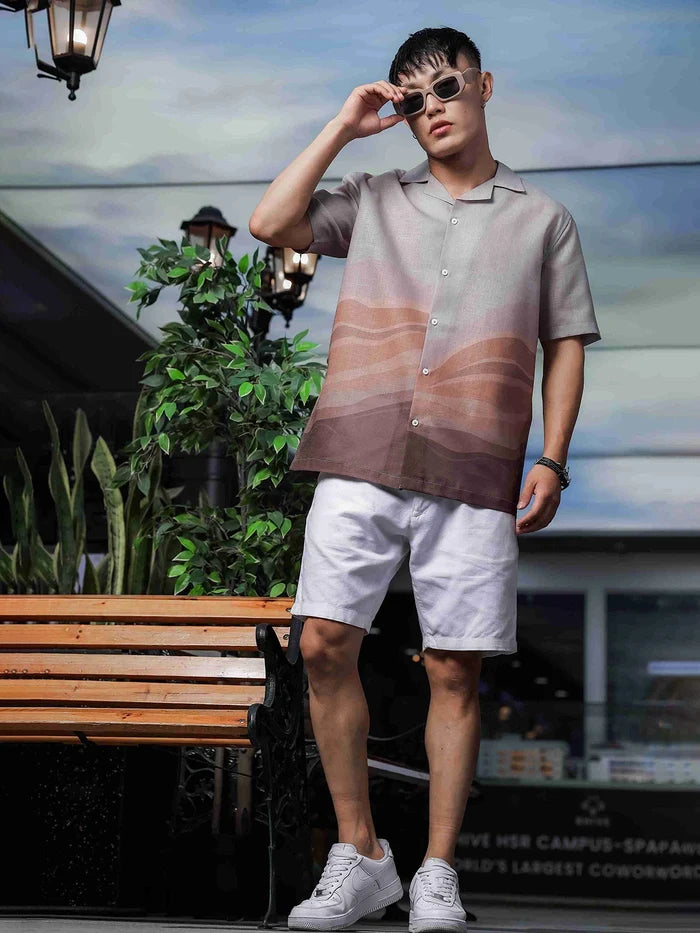 House Of Koala Brown Ombre Cuban Collar Relaxed Fit Linen Blend Resort Shirt