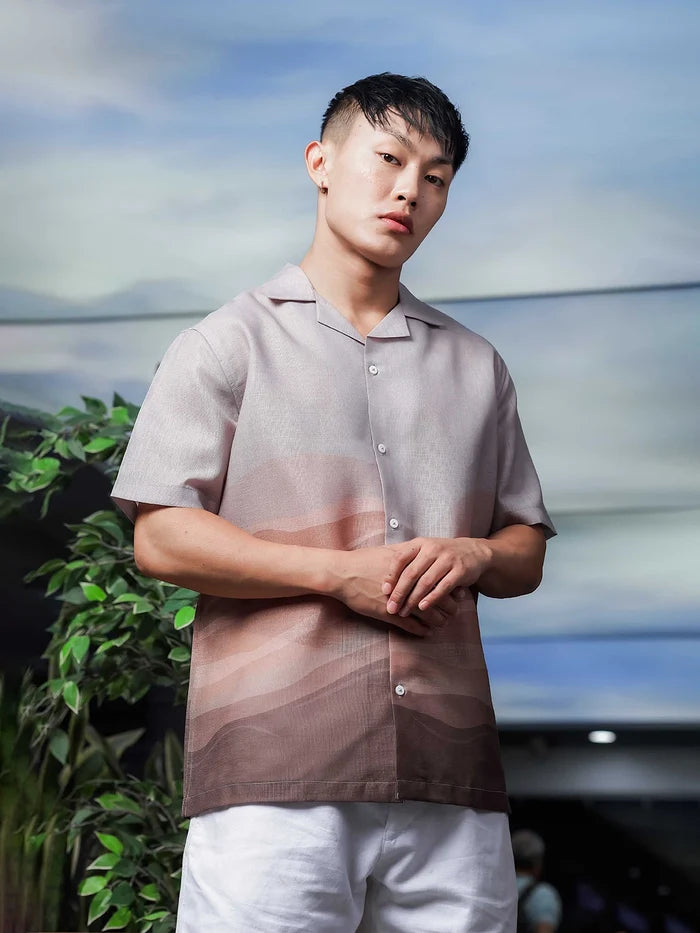 House Of Koala Brown Ombre Cuban Collar Relaxed Fit Linen Blend Resort Shirt