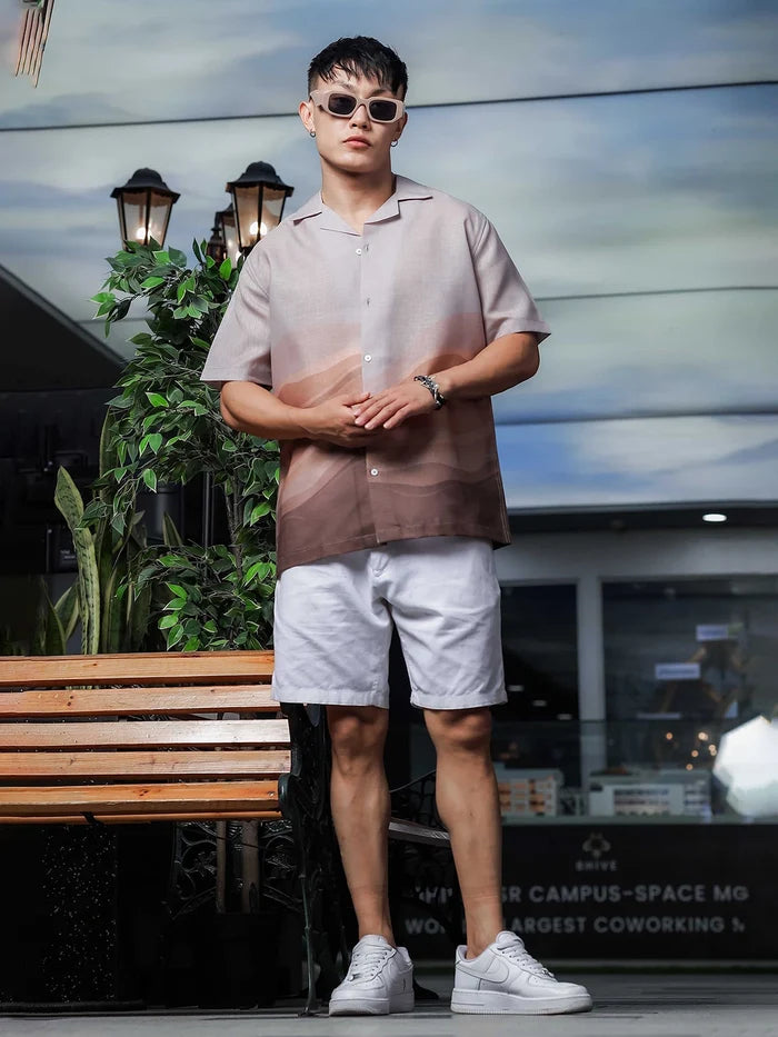 House Of Koala Brown Ombre Cuban Collar Relaxed Fit Linen Blend Resort Shirt