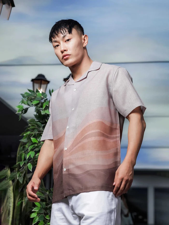 House Of Koala Brown Ombre Cuban Collar Relaxed Fit Linen Blend Resort Shirt