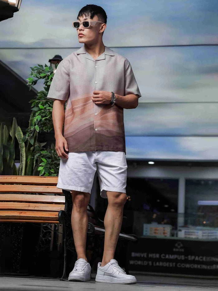 House Of Koala Brown Ombre Cuban Collar Relaxed Fit Linen Blend Resort Shirt