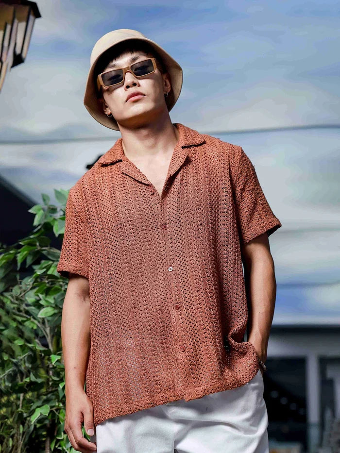 House Of Koala Brown Pure Cotton Crochet Resort Shirt