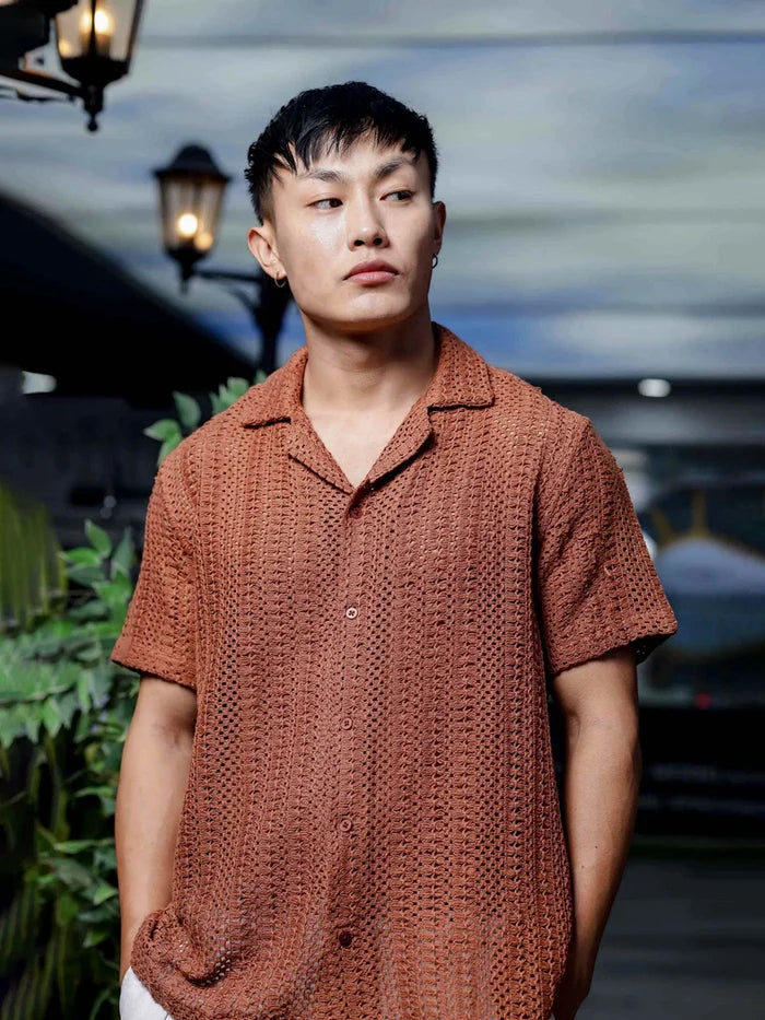 House Of Koala Brown Pure Cotton Crochet Resort Shirt