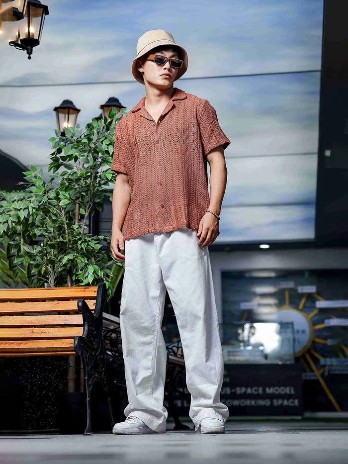 House Of Koala Brown Pure Cotton Crochet Resort Shirt