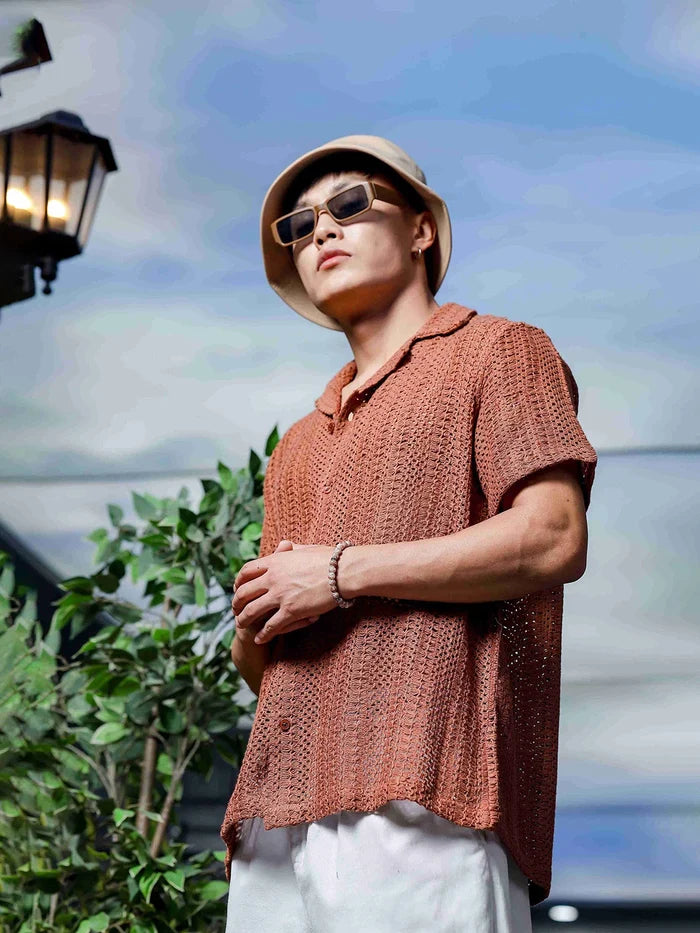 House Of Koala Brown Pure Cotton Crochet Resort Shirt