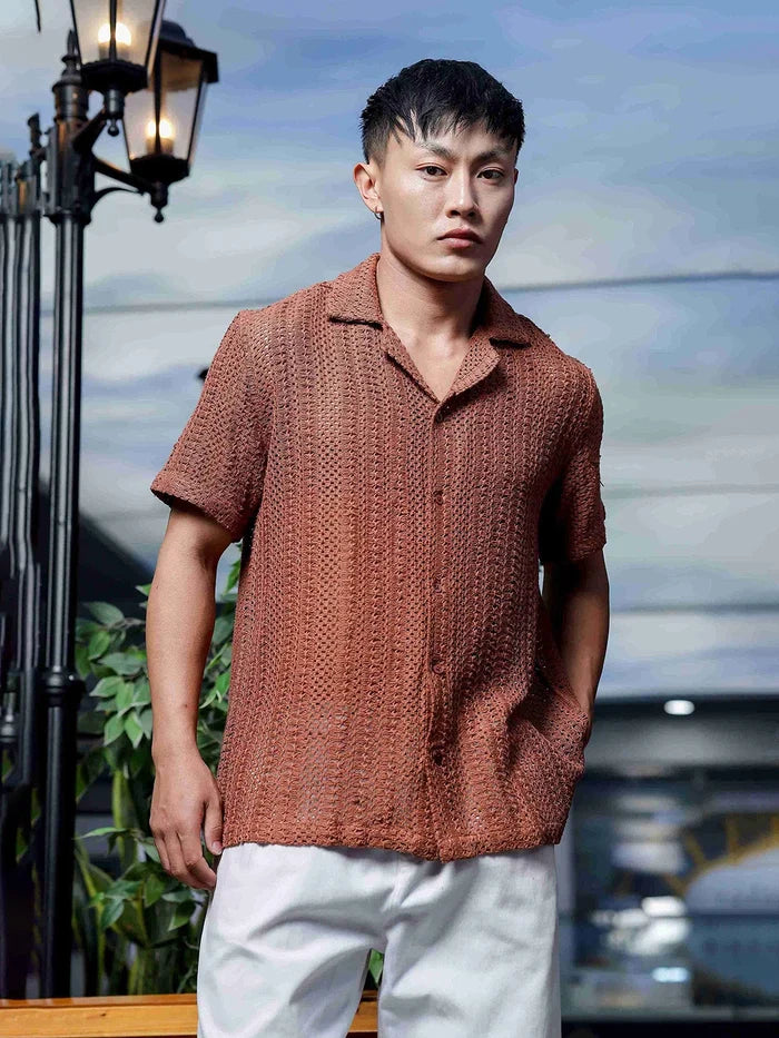 House Of Koala Brown Pure Cotton Crochet Resort Shirt