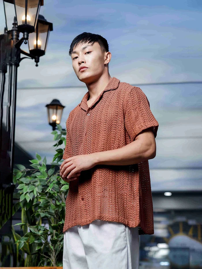 House Of Koala Brown Pure Cotton Crochet Resort Shirt