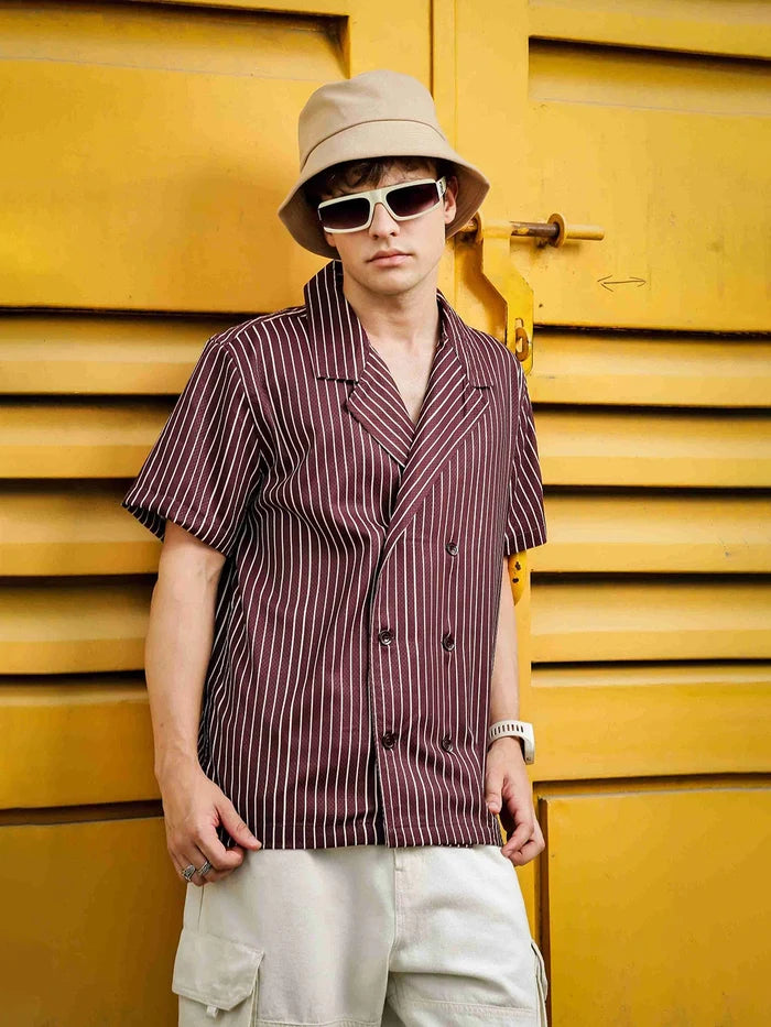 House Of Koala Brown Stripe Korean Notched Lapel Collar Resort Shirt