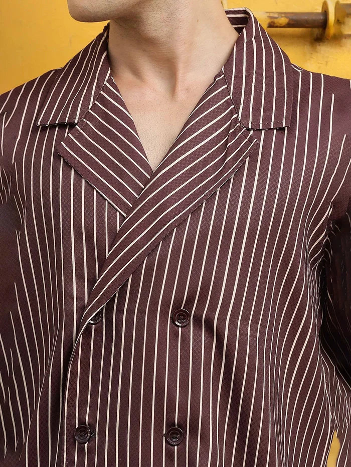 House Of Koala Brown Stripe Korean Notched Lapel Collar Resort Shirt