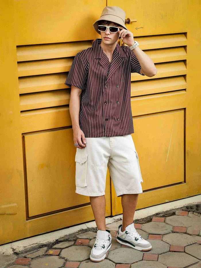 House Of Koala Brown Stripe Korean Notched Lapel Collar Resort Shirt