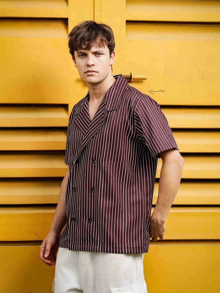 House Of Koala Brown Stripe Korean Notched Lapel Collar Resort Shirt